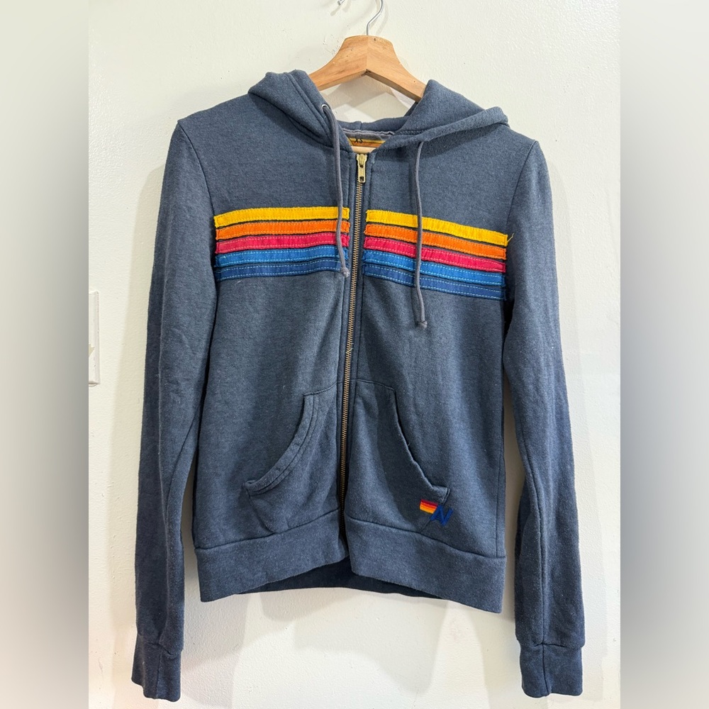 Aviator Nation Navy Zip Hoodie with Yellow, Pink & Blue Stripe Bands